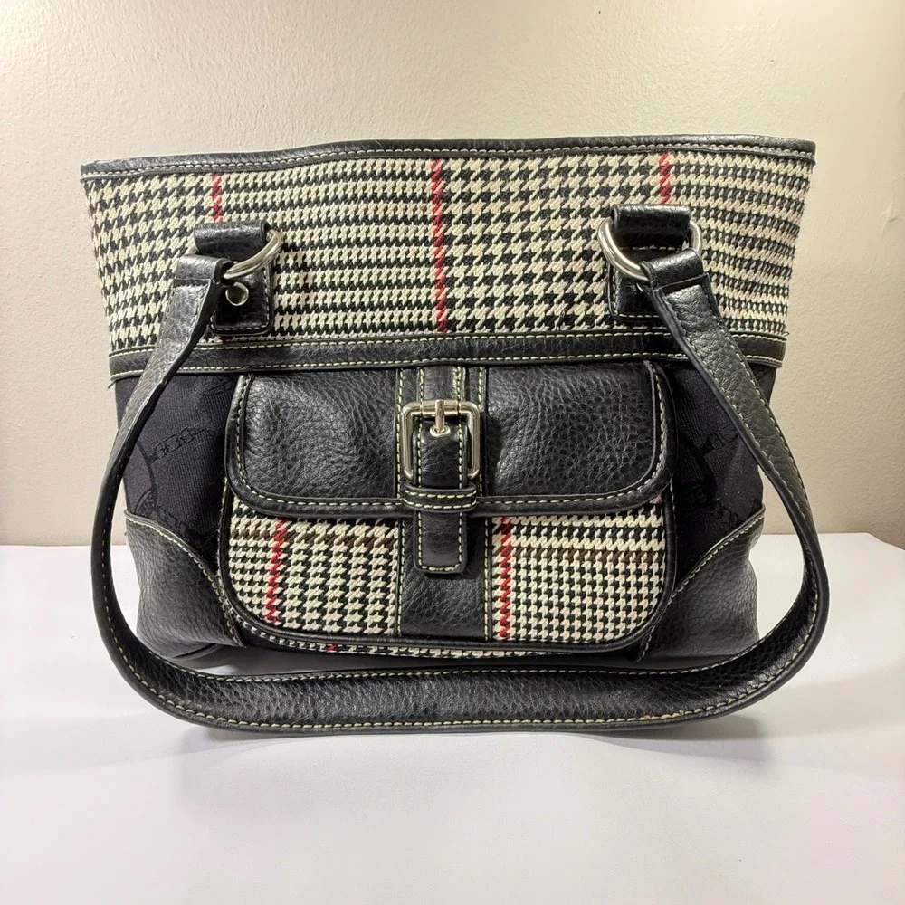 Chaps Leather Purse Black White Houndstooth Red Stripe - Picture 4 of 13